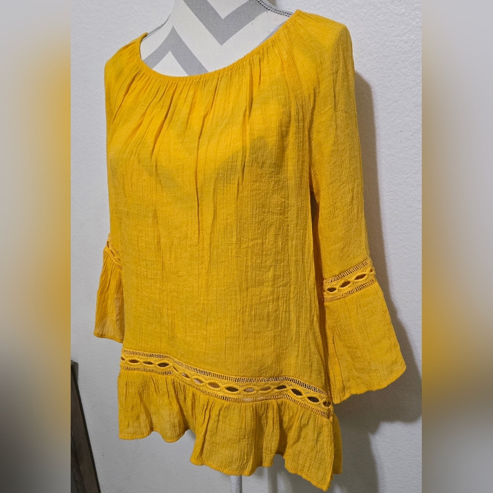 ​Zac & Rachel Mustard Yellow Boho Bell Sleeve Blouse Crochet Lace Trim Medium - Picture 9 of 13